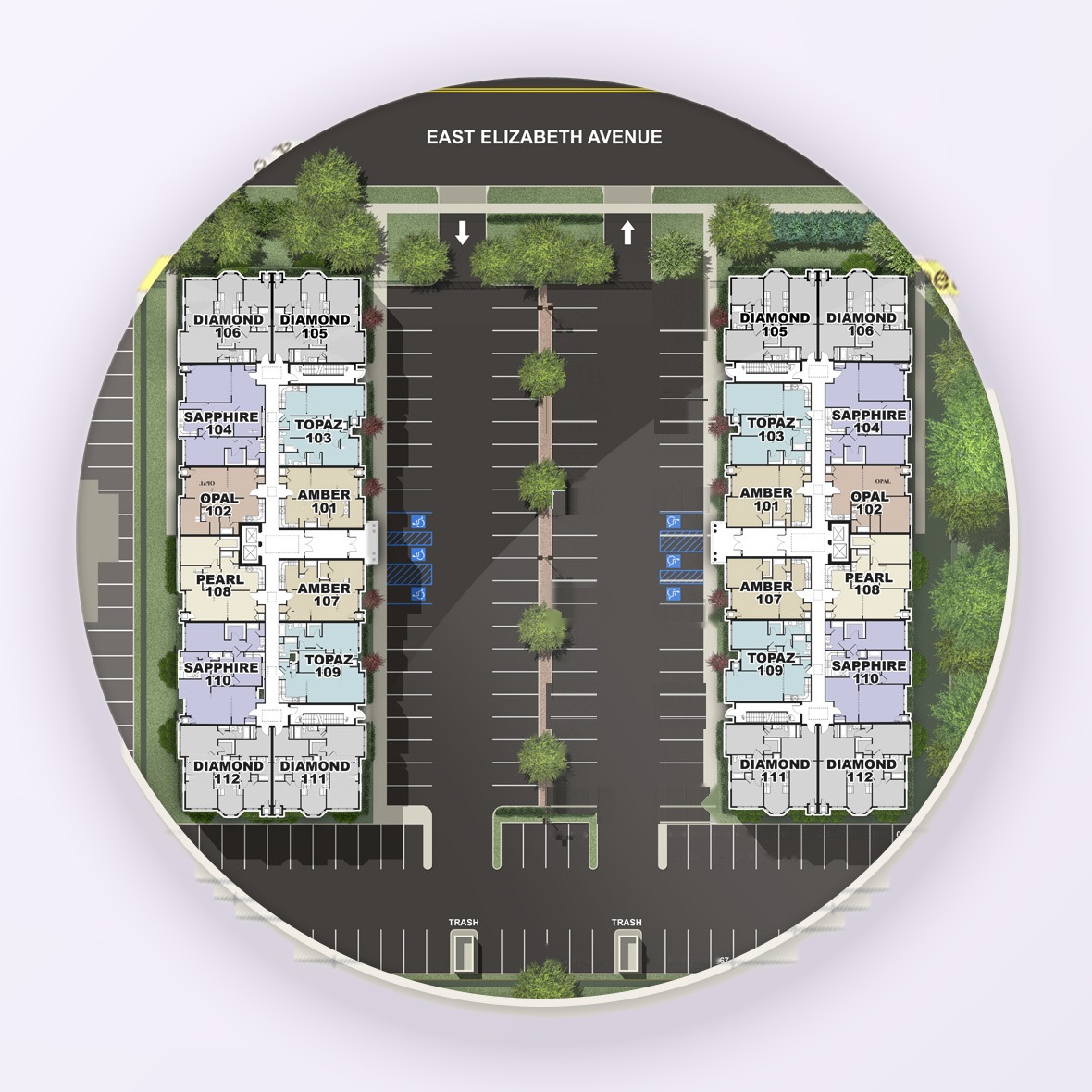 First floor plan of buildings 102 and 104 at The Parkline Condominium
